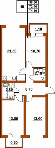 Четырёхкомнатная квартира (Евро) 74.72 м²