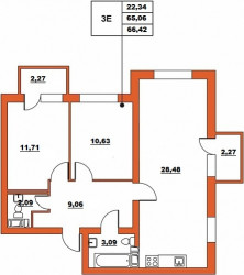 Трёхкомнатная квартира (Евро) 66.42 м²