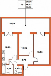 Трёхкомнатная квартира (Евро) 65.82 м²