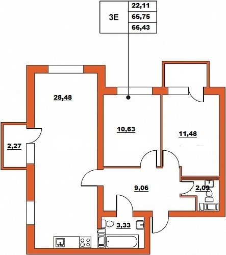 Трёхкомнатная квартира (Евро) 66.43 м²