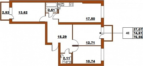 Четырёхкомнатная квартира (Евро) 76.56 м²