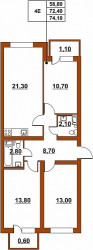 Четырёхкомнатная квартира (Евро) 74.72 м²