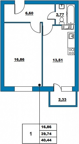 Однокомнатная квартира 40.44 м²