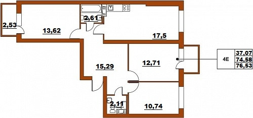 Четырёхкомнатная квартира (Евро) 76.53 м²