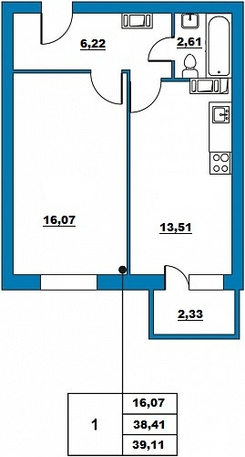 Однокомнатная квартира 39.11 м²