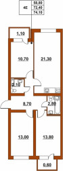 Четырёхкомнатная квартира (Евро) 74.52 м²